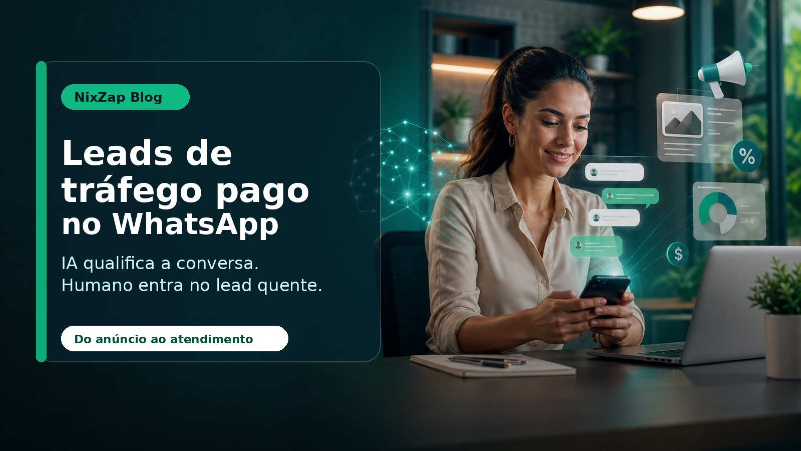 Capa editorial sobre leads de tráfego pago no WhatsApp, com IA qualificando a conversa e humano assumindo leads quentes.