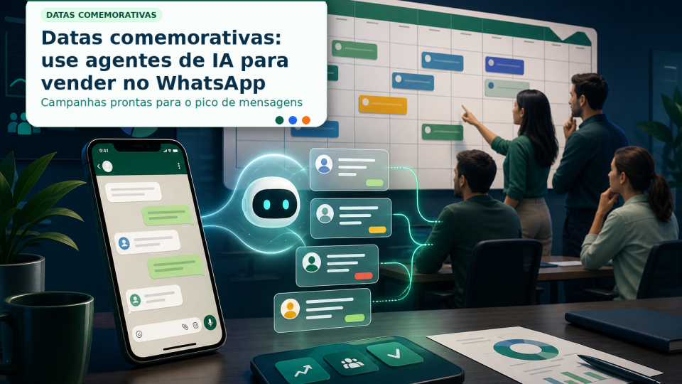 Datas comemorativas: use agentes de IA para vender no WhatsApp, com calendário de campanhas, chat e equipe preparada.
