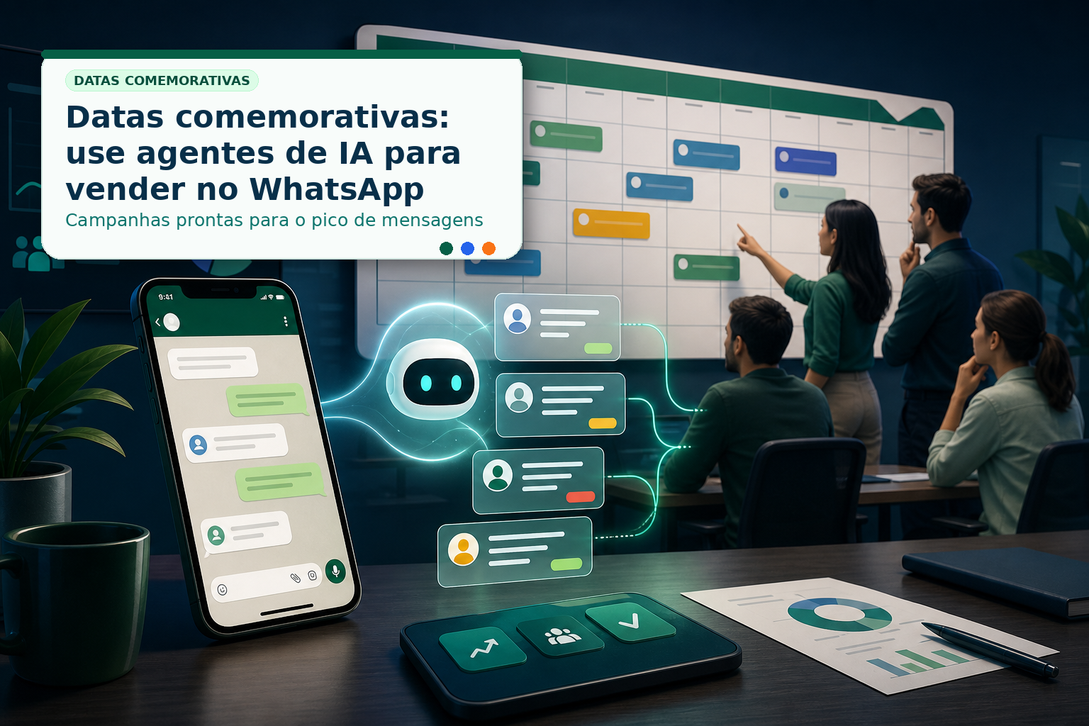 Datas comemorativas: use agentes de IA para vender no WhatsApp, com calendário de campanhas, chat e equipe preparada.