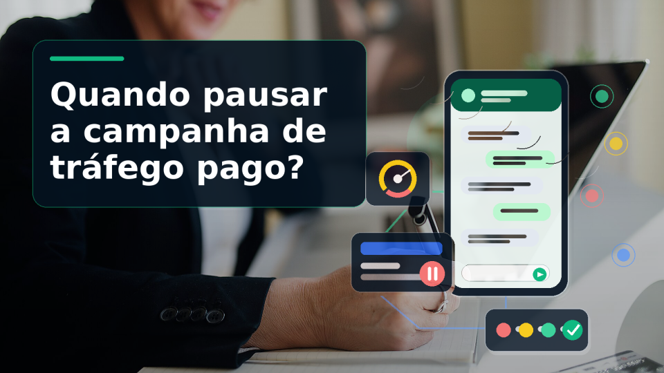 Capa enriquecida com detalhes visuais de campanha, WhatsApp, pausa, diagnóstico e handoff comercial.