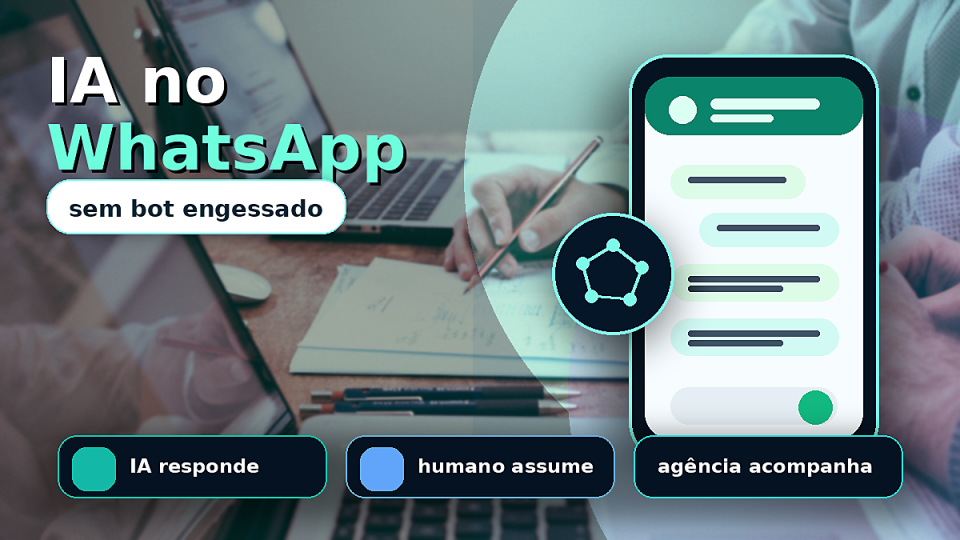Thumbnail estilo YouTube com foto de reunião de agência, título IA no WhatsApp, frase sem bot engessado, telefone com conversa e cartões de IA e handoff humano.