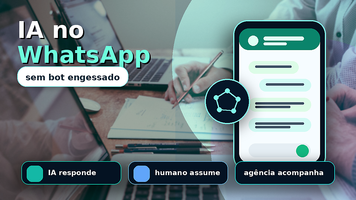 Thumbnail estilo YouTube com foto de reunião de agência, título IA no WhatsApp, frase sem bot engessado, telefone com conversa e cartões de IA e handoff humano.