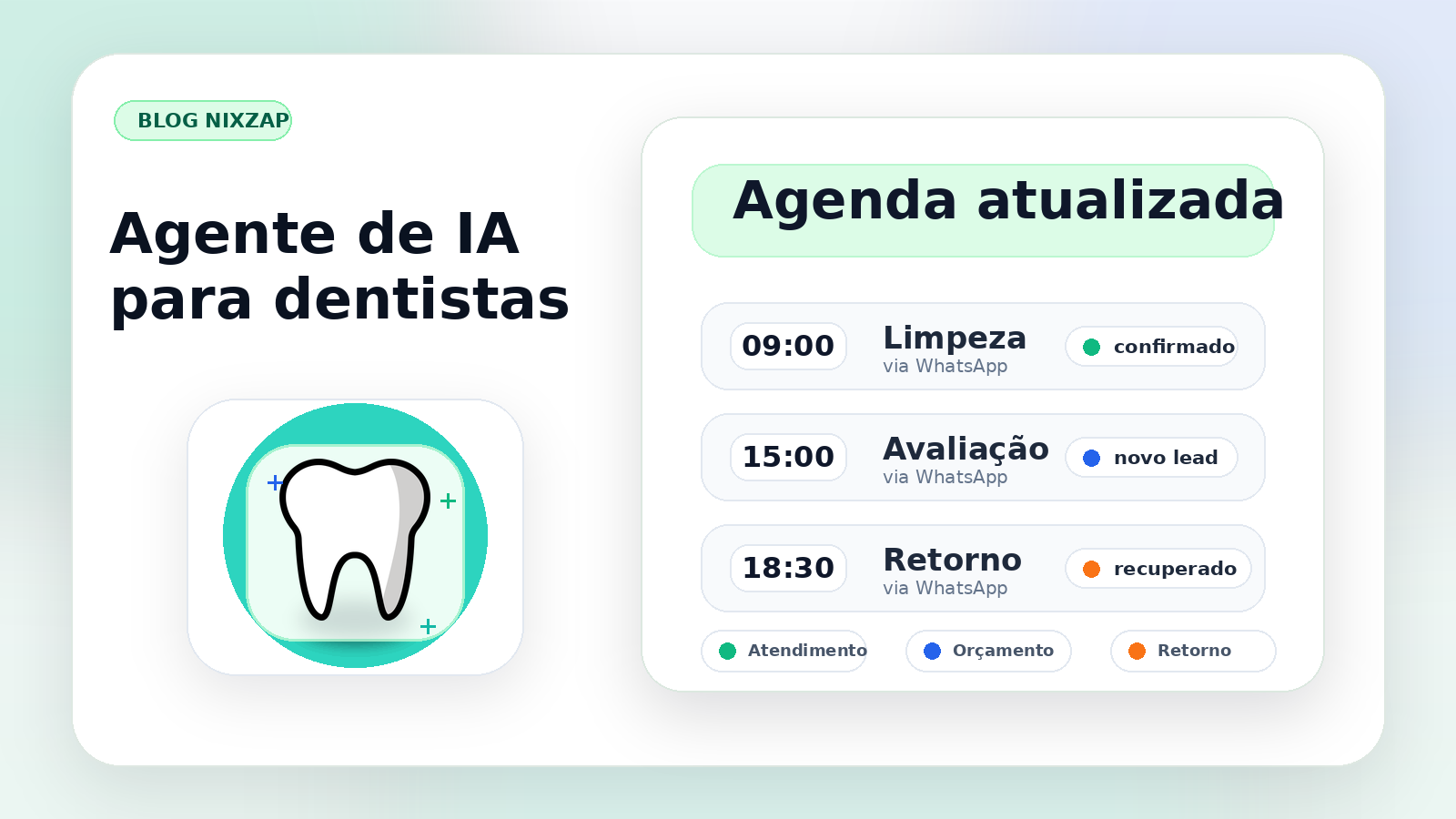 Capa sobre agente de IA para dentistas com imagem de dente externa e agenda atualizada em destaque