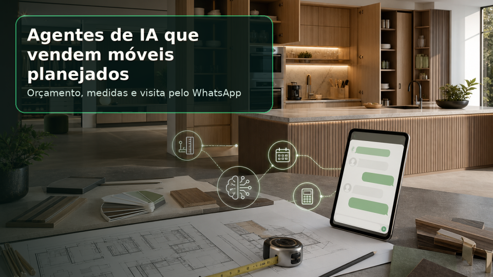 Capa com móveis planejados explícitos ao fundo, armários sob medida, planta, trena e chat para agentes de IA que vendem móveis planejados.