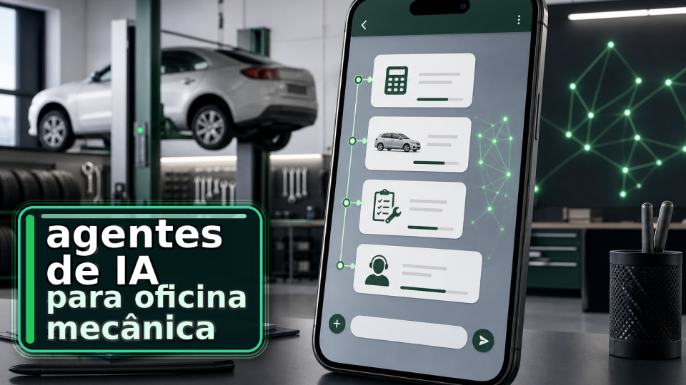 Primeira capa com smartphone grande e título agentes de IA para oficina mecânica mais evidente