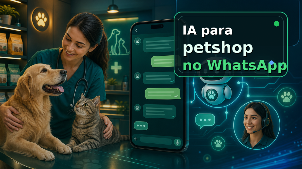 Capa colorida com a frase IA para petshop no WhatsApp, com pets, chat e agente de IA.