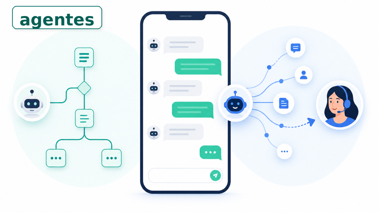 Ilustração comparando um fluxo simples de chatbot e um agente de IA com handoff humano em atendimento pelo WhatsApp, com a palavra agentes alinhada no canto superior esquerdo.