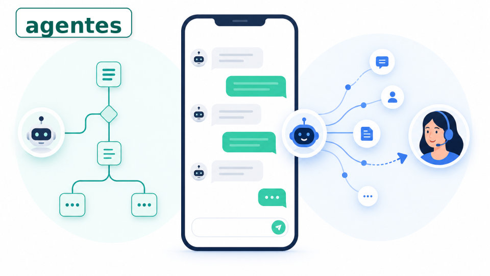 Ilustração comparando um fluxo simples de chatbot e um agente de IA com handoff humano em atendimento pelo WhatsApp, com a palavra agentes alinhada no canto superior esquerdo.