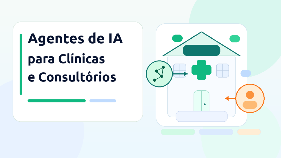 Ilustração minimalista de clínica com agentes de IA e atendimento humano para clínicas e consultórios.