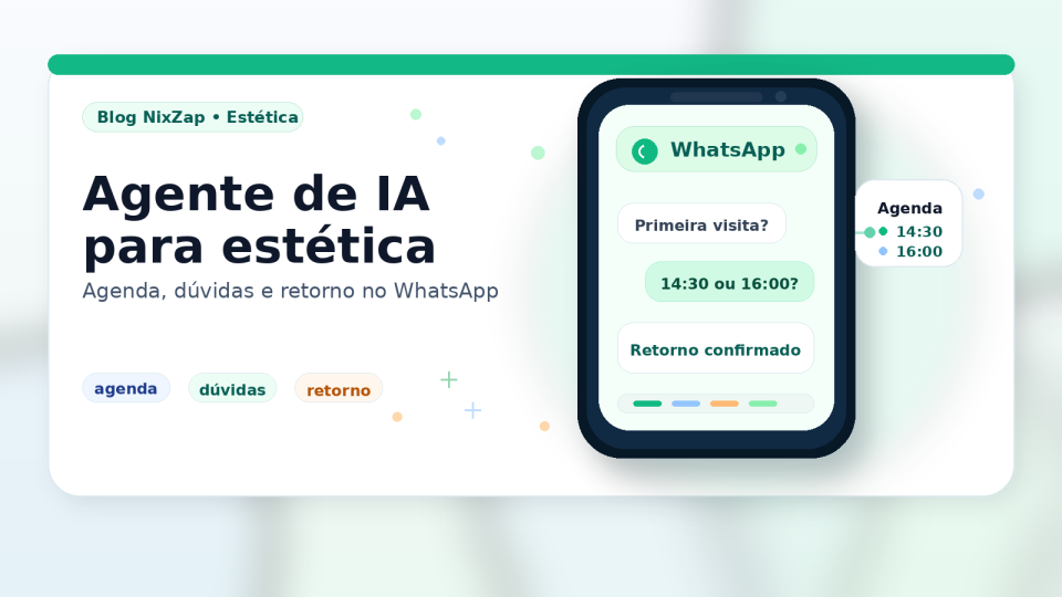 Capa do artigo Agente de IA para estética, com celular de atendimento no WhatsApp e agenda de horários.