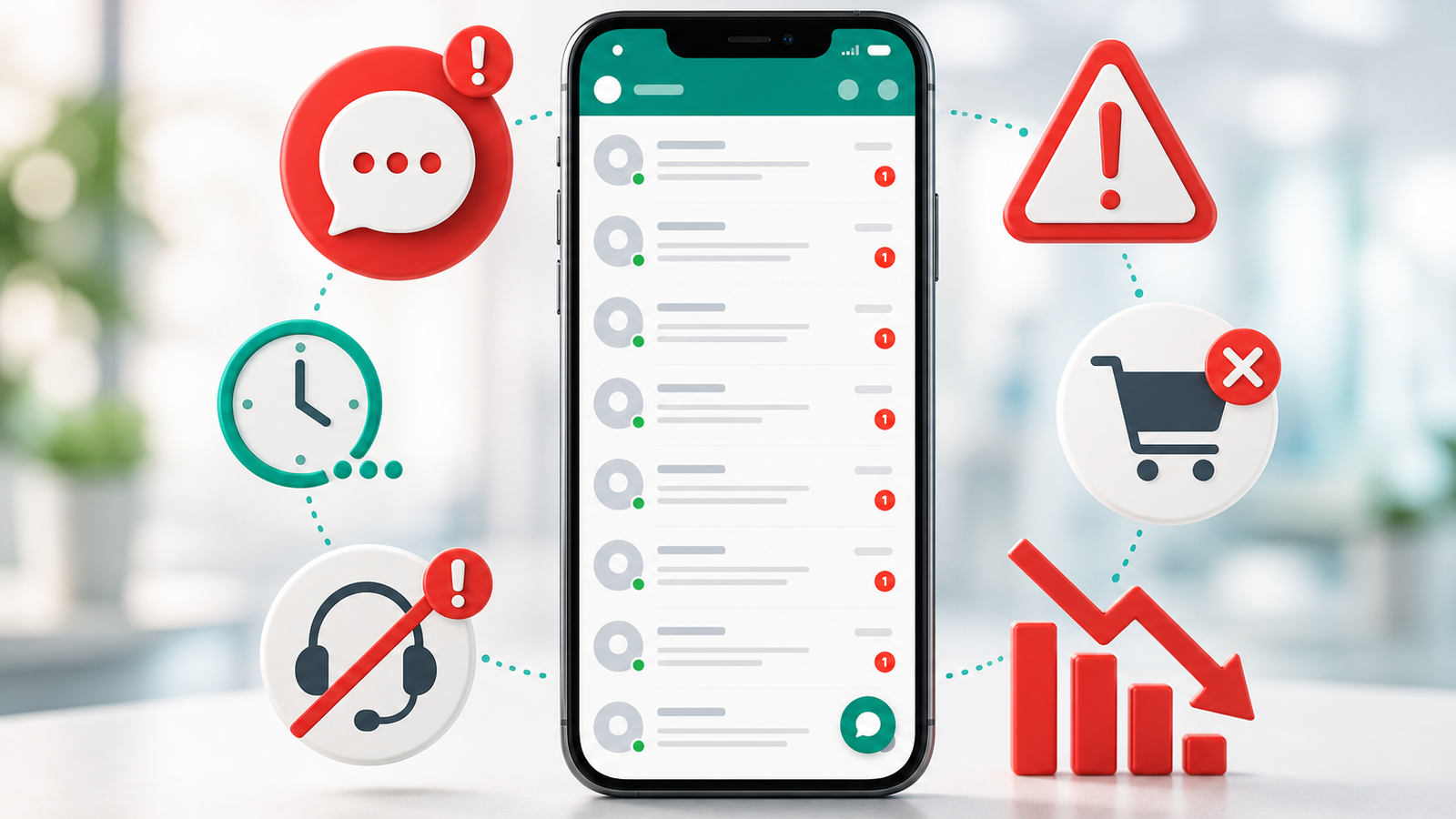 Capa com celular exibindo conversas acumuladas e ícones de alerta, espera, suporte indisponível e queda de vendas em fundo claro desfocado.