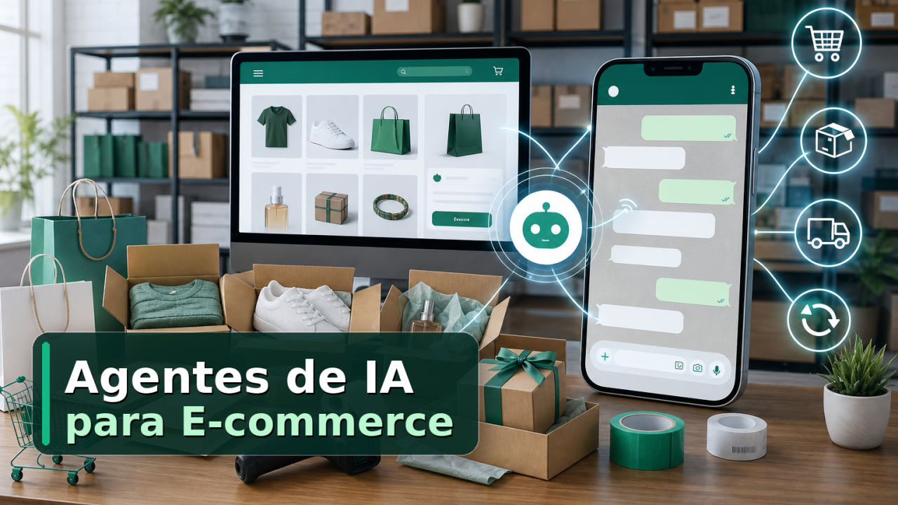 Capa com título Agentes de IA para E-commerce, monitor de loja online, chat de atendimento, IA, carrinho e envio