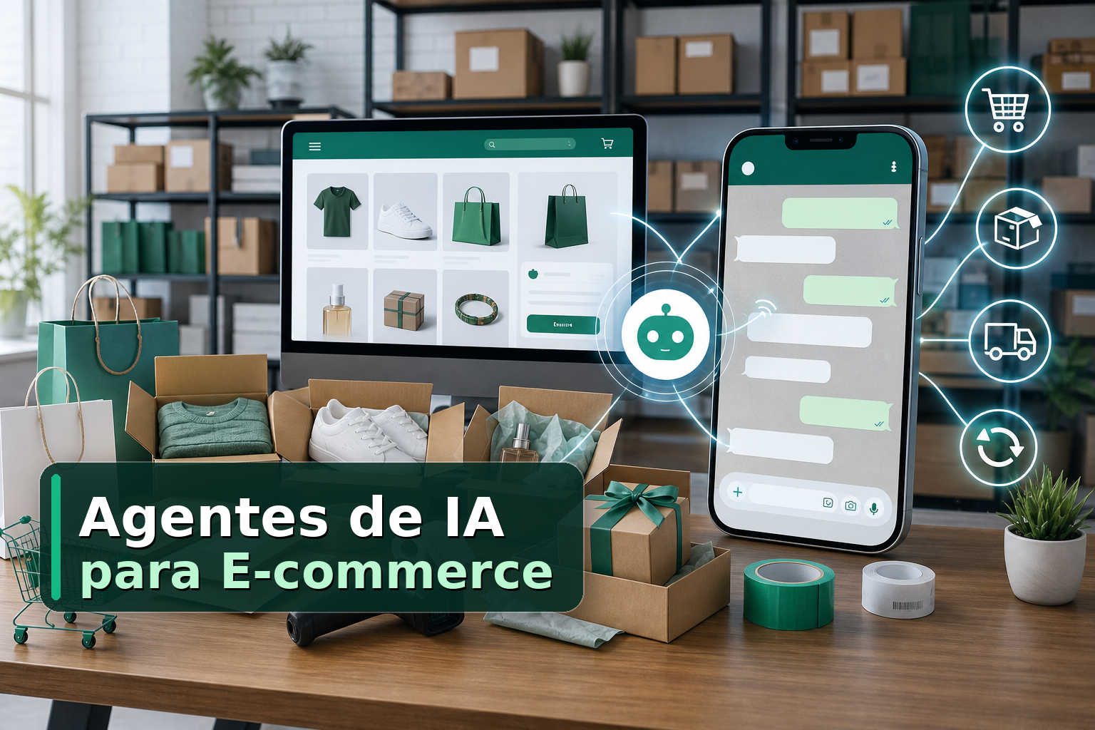 Capa com título Agentes de IA para E-commerce, monitor de loja online, chat de atendimento, IA, carrinho e envio