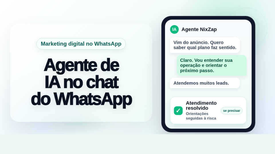 Capa com título em destaque sobre agente de IA no chat do WhatsApp e mockup de atendimento resolvido no celular.