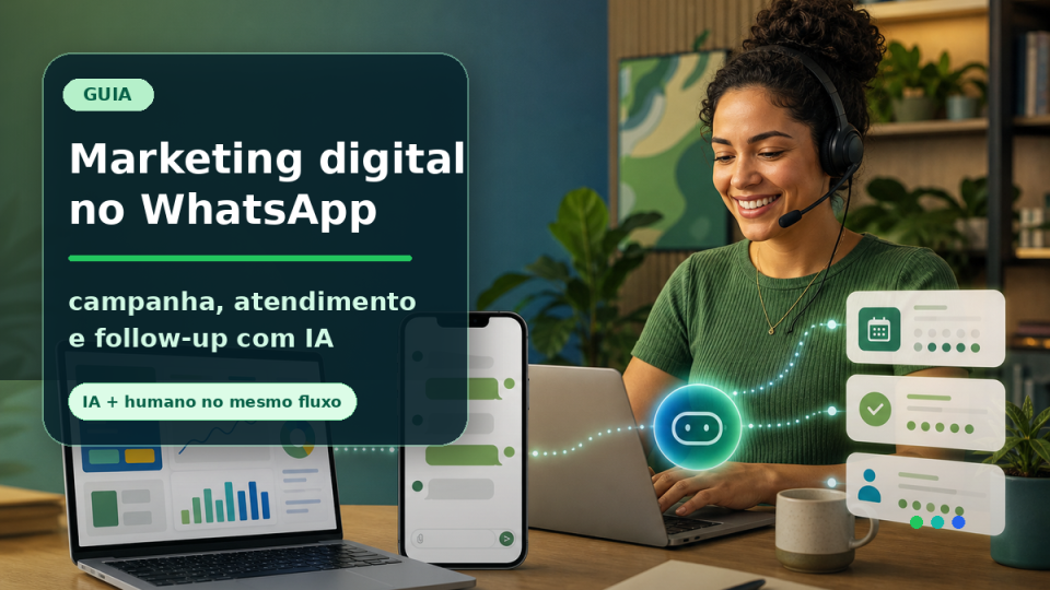 Fluxo de marketing digital no WhatsApp conectando campanha, conversa, agente de IA, atendimento humano e follow-up.