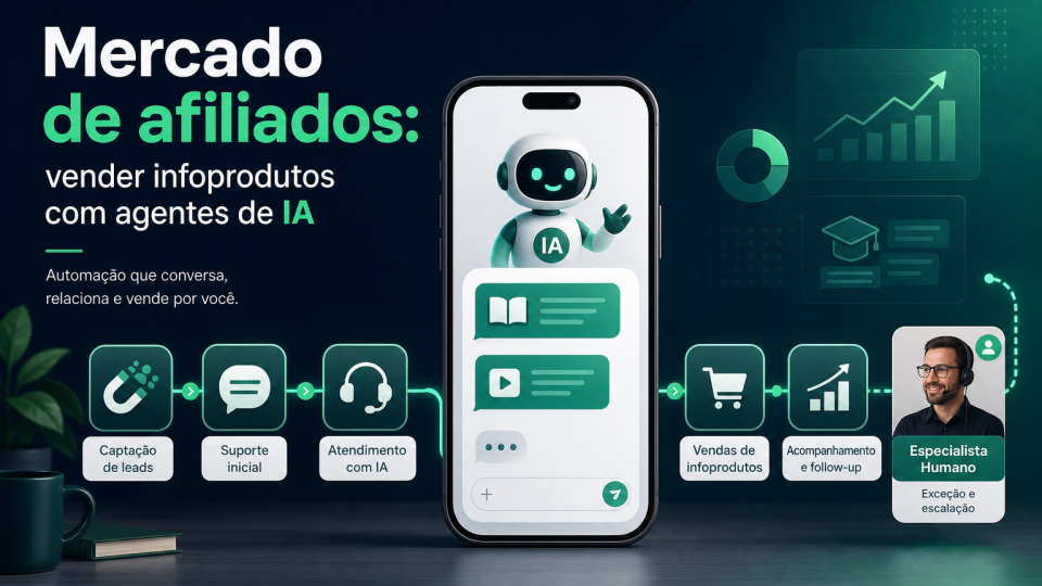 Funil de venda de infoprodutos com agente de IA no WhatsApp atendendo leads e acionando humano em exceções.