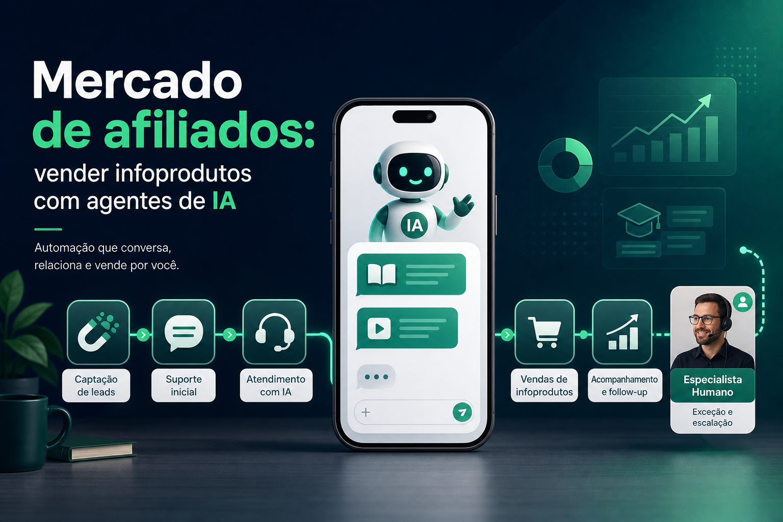 Funil de venda de infoprodutos com agente de IA no WhatsApp atendendo leads e acionando humano em exceções.