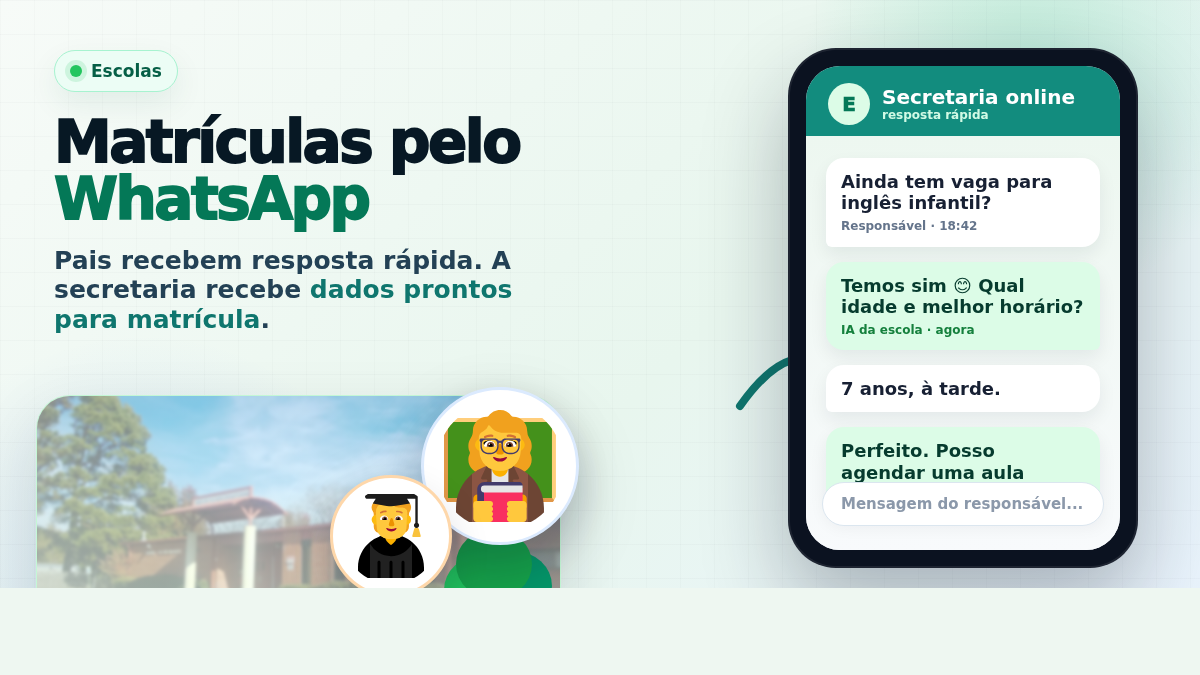 Capa mostrando matrícula escolar pelo WhatsApp com foto de escola ao fundo, ícones de professora e estudante e conversa em celular.