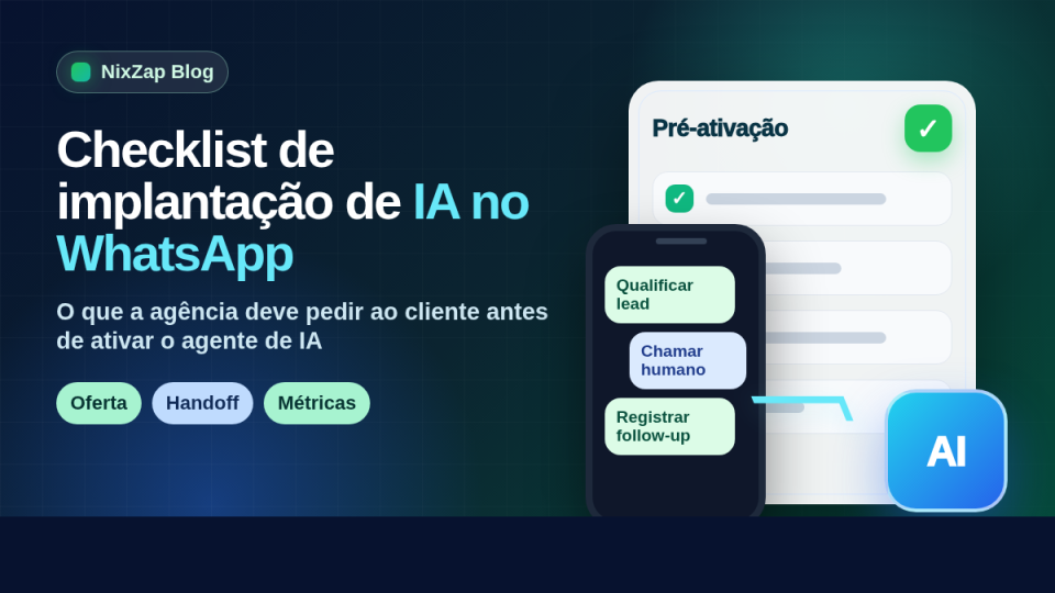 Checklist de implantação de IA no WhatsApp para agências com cartões de oferta, handoff e métricas
