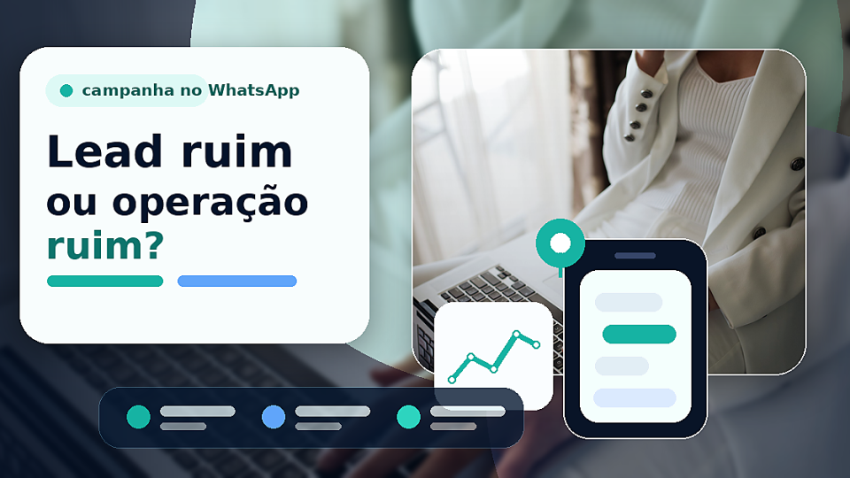 Capa premium com foto real de profissional no laptop e título lead ruim ou operação ruim, sem marca no canto inferior esquerdo.