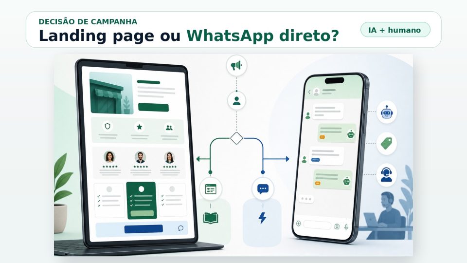 Capa ilustrando a decisão de campanha entre landing page e WhatsApp direto, com IA organizando leads e atendimento humano.