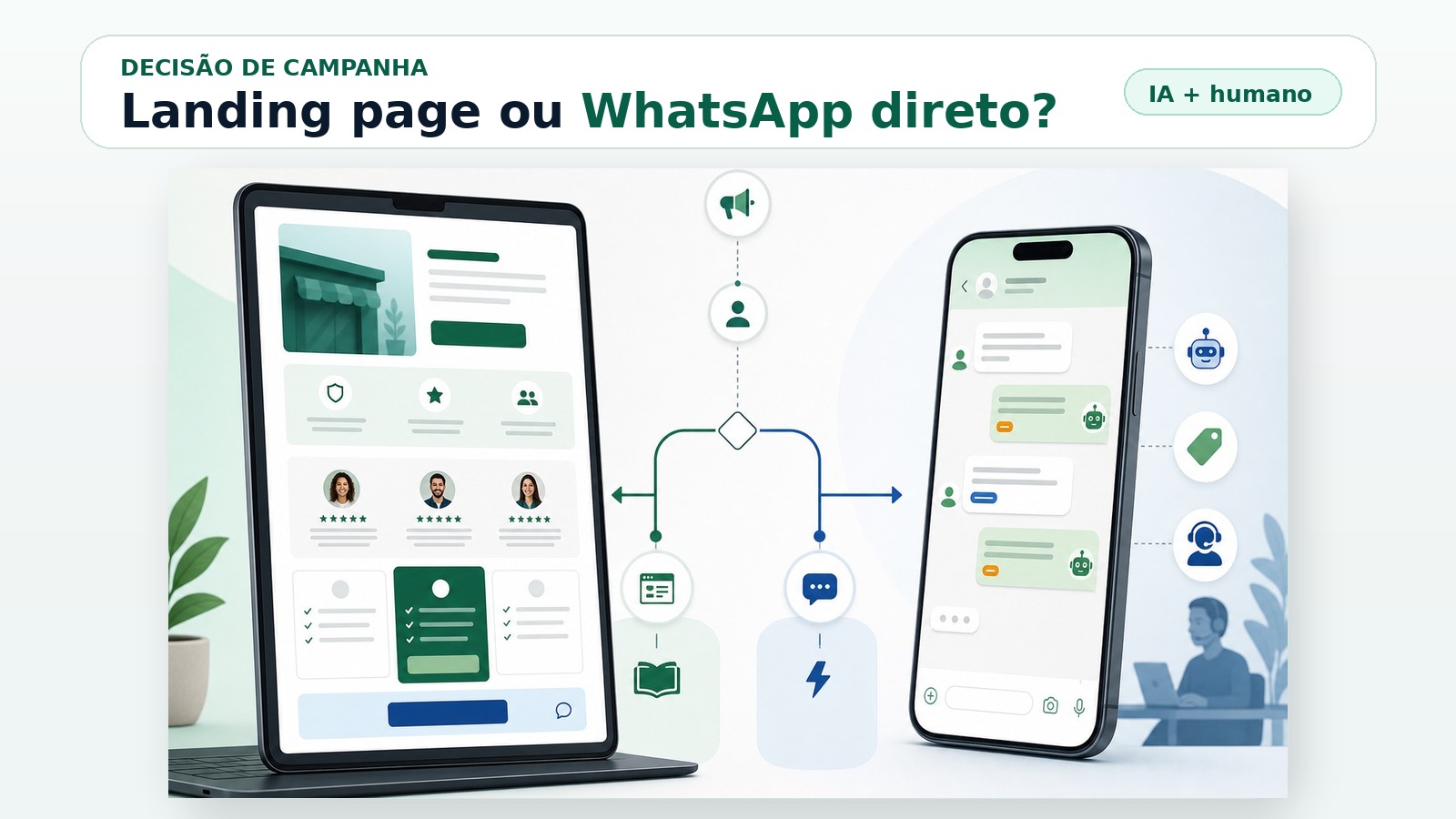 Capa ilustrando a decisão de campanha entre landing page e WhatsApp direto, com IA organizando leads e atendimento humano.