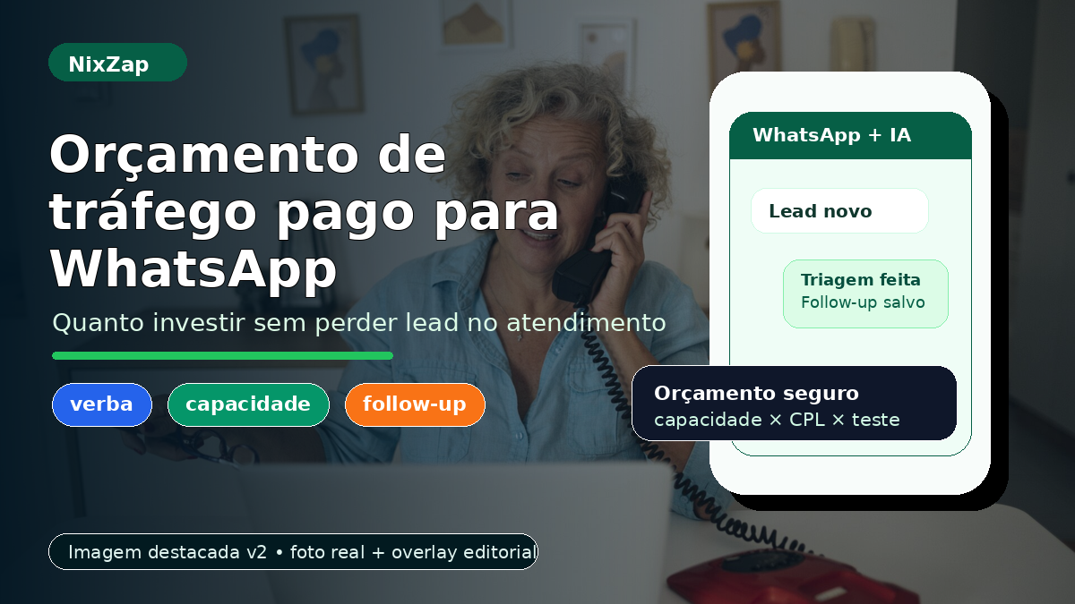 Gestor calculando orçamento de tráfego pago para WhatsApp considerando capacidade de atendimento e follow-up com IA.