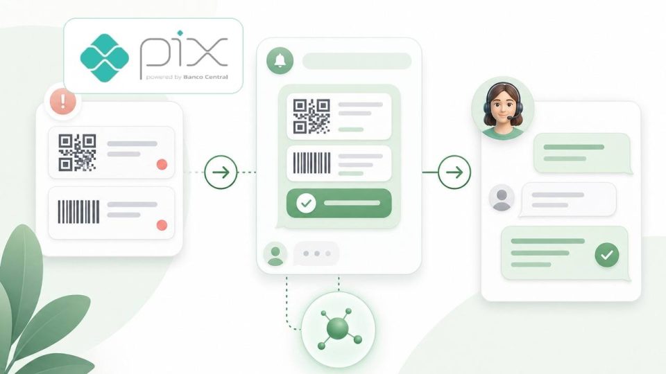 Fluxo visual de recuperação de Pix e boleto no WhatsApp com agente de IA e atendimento humano.