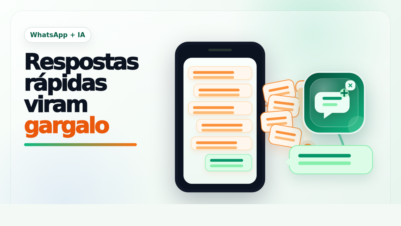 Capa editorial minimalista com celular, respostas rápidas acumuladas formando gargalo e um ícone verde de chat com IA à direita.