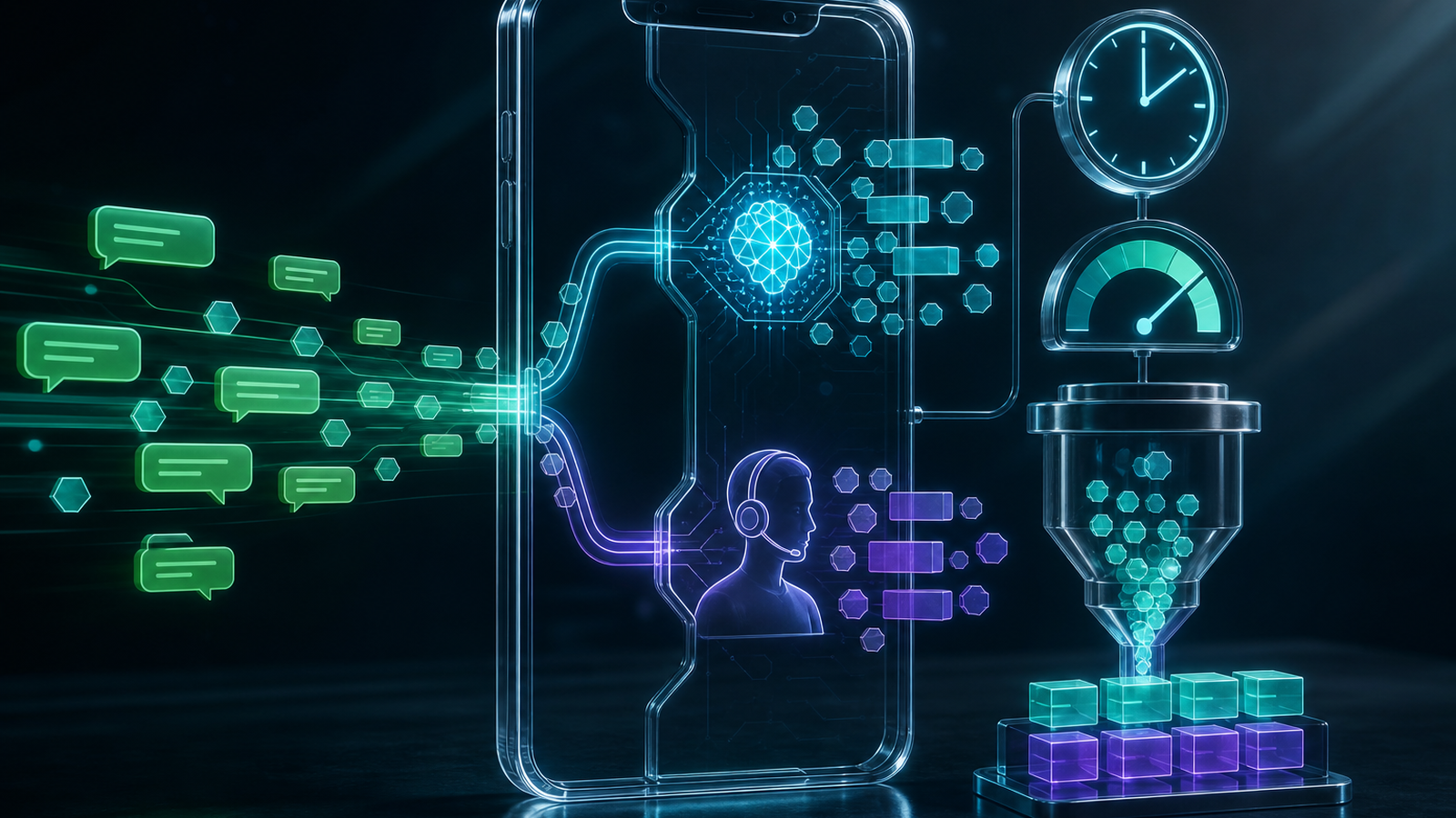 Raio-x operacional de conversas no WhatsApp mostrando roteamento entre IA e humano, tempo de atendimento e carga de capacidade.