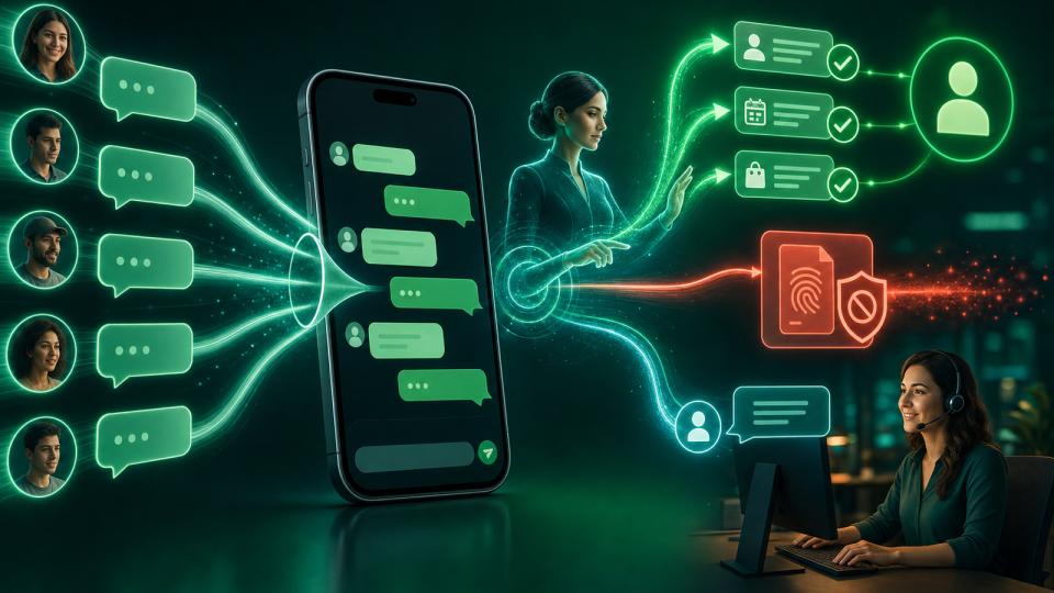 Agente de IA qualificando leads no WhatsApp, bloqueando dados sensíveis e transferindo conversa para atendimento humano.