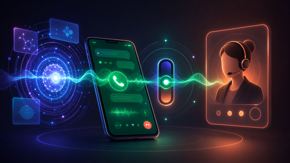 Imagem conceitual de uma ligação no WhatsApp sendo analisada por IA e transferida para atendimento humano
