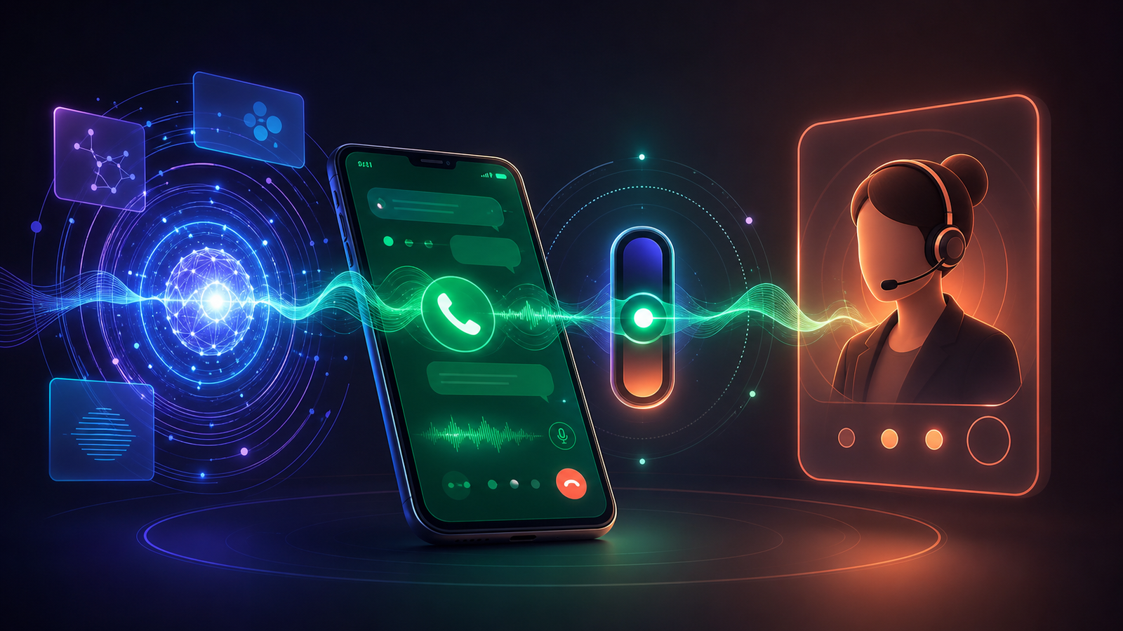 Imagem conceitual de uma ligação no WhatsApp sendo analisada por IA e transferida para atendimento humano