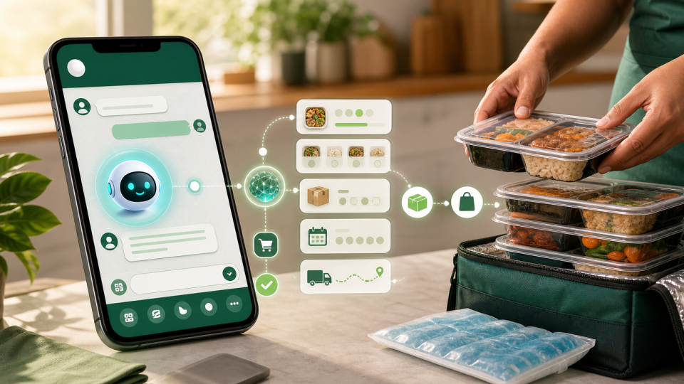 Atendimento com agente de IA no WhatsApp organizando venda de marmitas congeladas e handoff humano