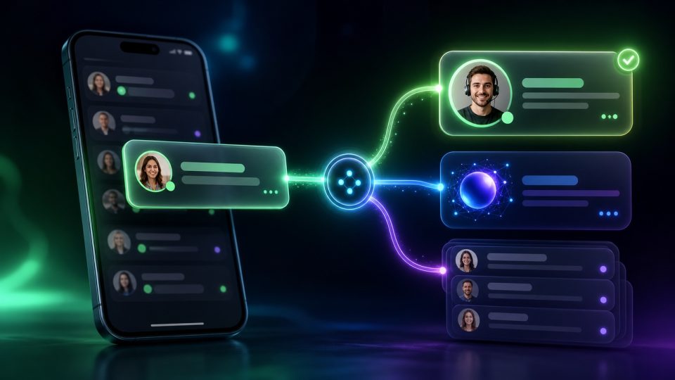 Equipe definindo responsável por conversas no WhatsApp com IA organizando prioridade e handoff humano