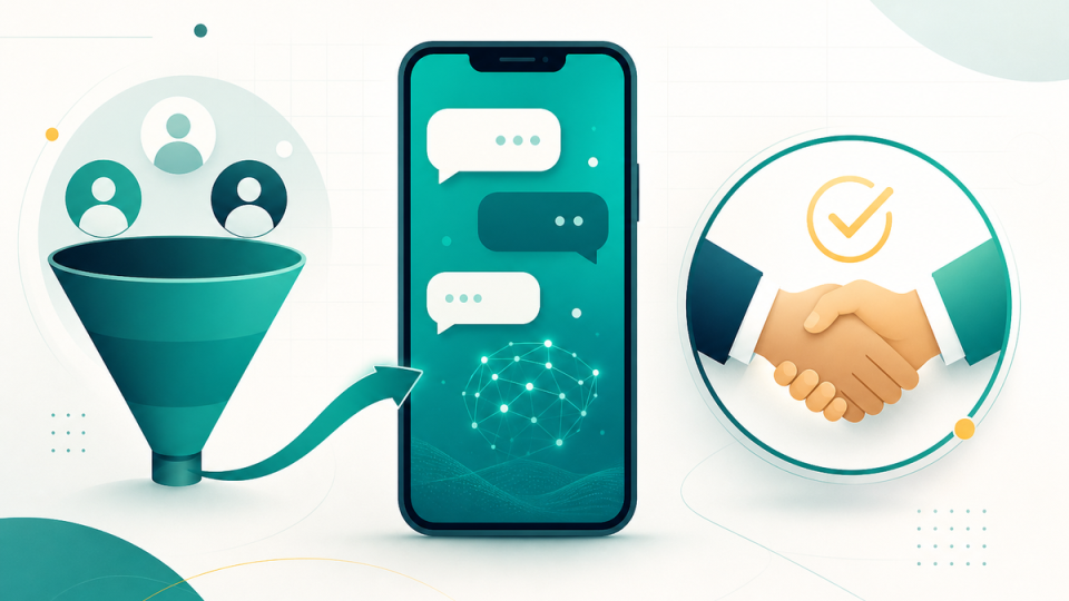Imagem destacada em flat design premium sem texto mostrando funil de marketing, conversa no celular e conversão em venda.