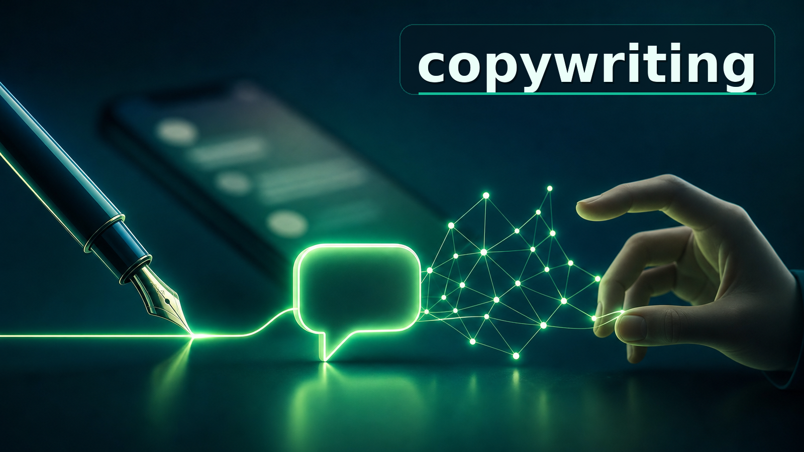 Imagem destacada com a palavra copywriting, caneta criando conversa, rede de IA e handoff humano no WhatsApp.