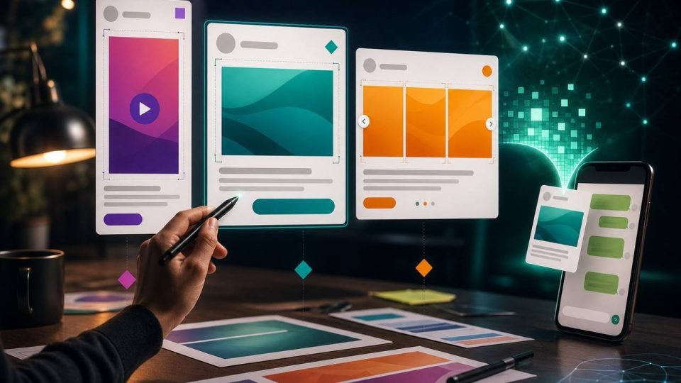 Imagem premium com mockups de criativos de anúncio e conversa no WhatsApp, aprovada para o artigo sobre conversa qualificada com IA.