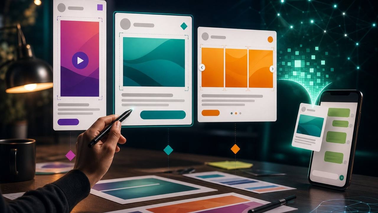 Imagem premium com mockups de criativos de anúncio e conversa no WhatsApp, aprovada para o artigo sobre conversa qualificada com IA.