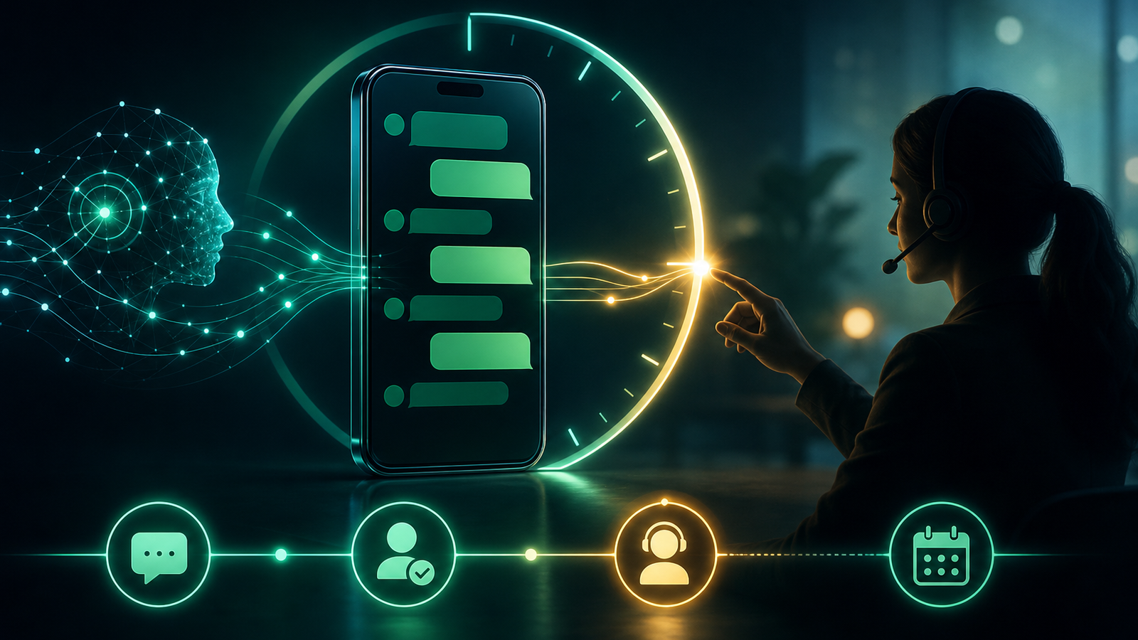 Linha do tempo de atendimento no WhatsApp mostrando IA, follow-up e handoff humano dentro da janela de 24 horas.