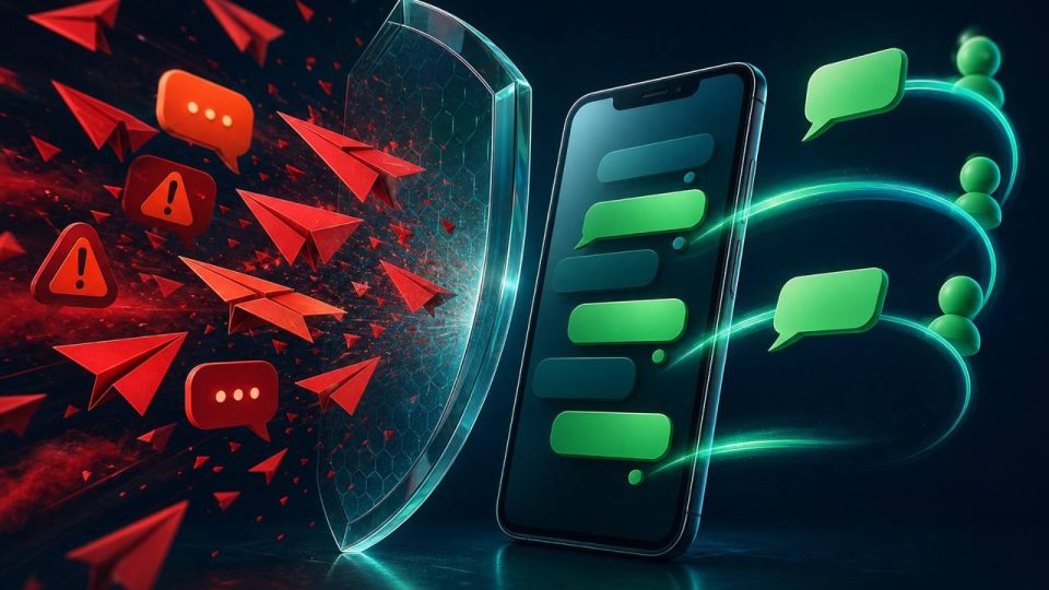 Ilustração de celular com conversas verdes, escudo contra mensagens invasivas e fluxos de remarketing responsável no WhatsApp.