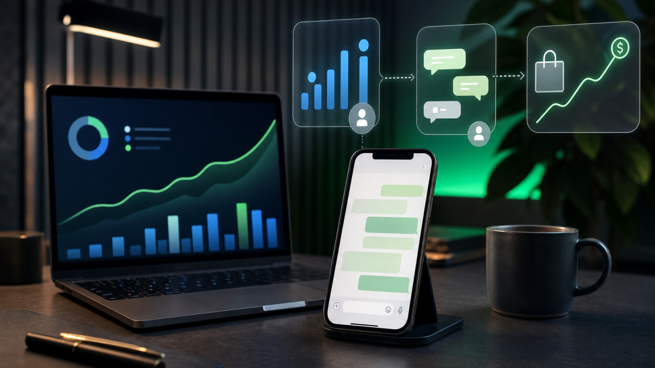 Dashboard de tráfego pago conectado a conversas no WhatsApp e indicadores de venda para medir ROAS