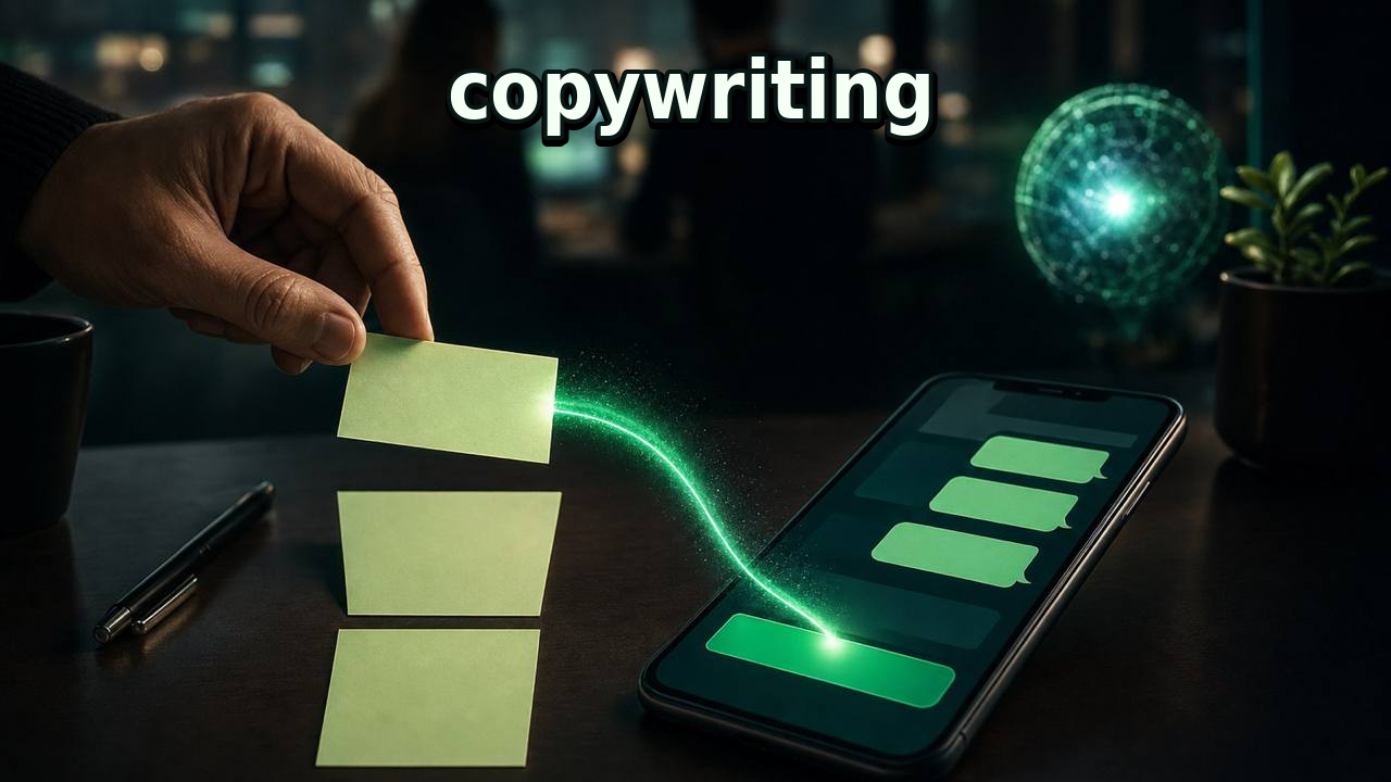 Copywriting para WhatsApp: cartões de mensagem conectados a uma conversa no celular por um fluxo verde de IA.