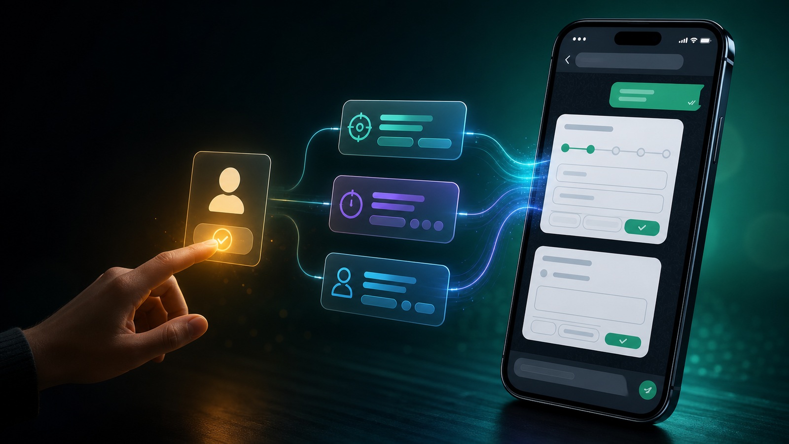 Formulário no WhatsApp com IA organizando respostas e atendimento humano acompanhando leads