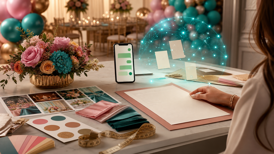 Orçamento de decoração de festa pelo WhatsApp com agente de IA organizando briefing e humano revisando proposta
