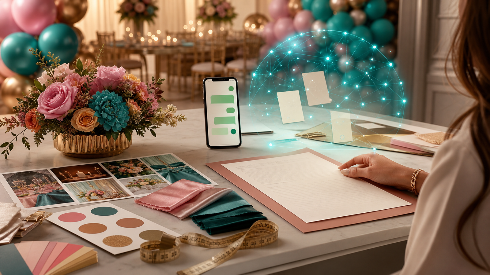 Orçamento de decoração de festa pelo WhatsApp com agente de IA organizando briefing e humano revisando proposta