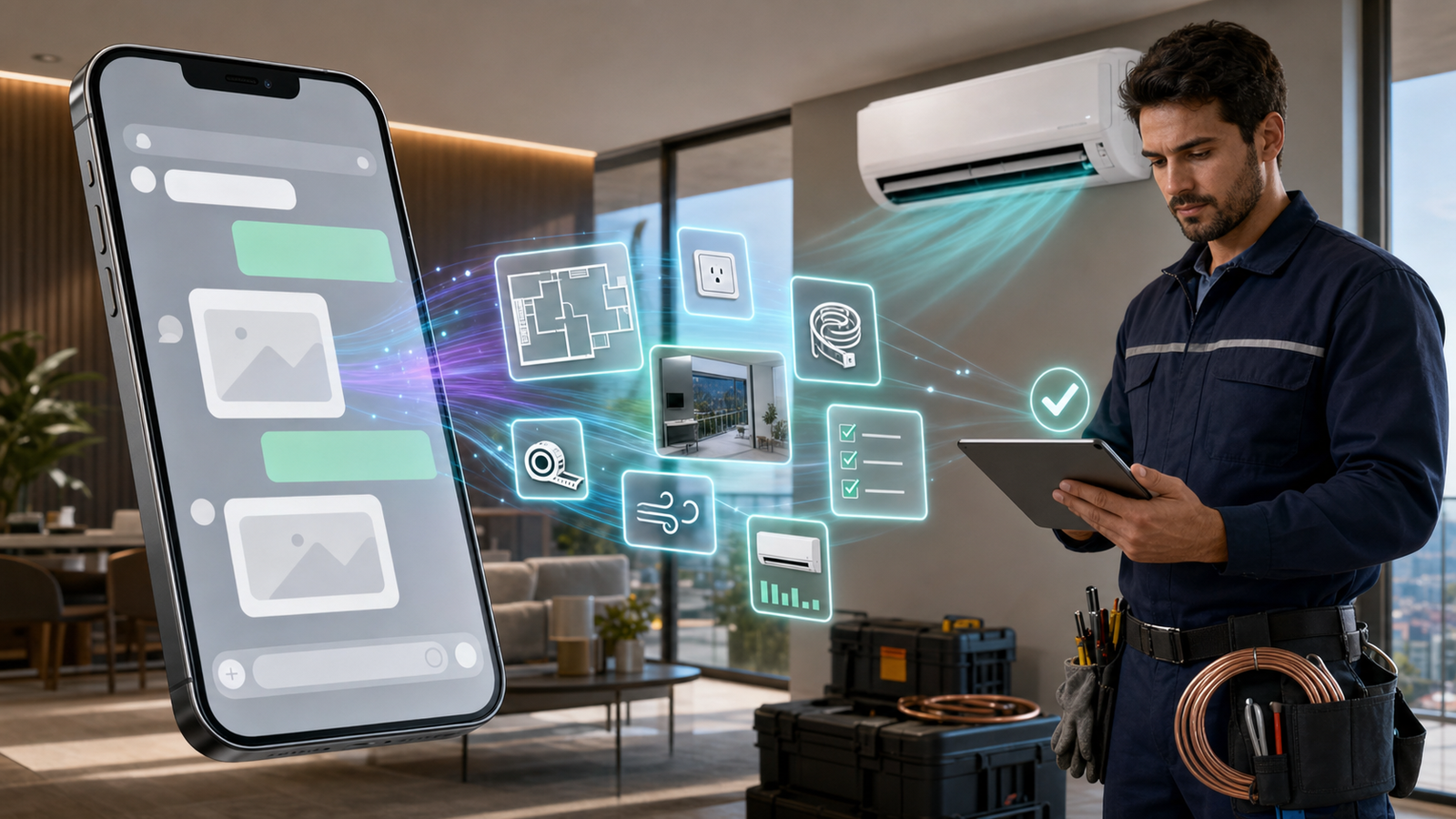 Instalação de ar-condicionado pelo WhatsApp com IA organizando dados técnicos e técnico humano validando no tablet