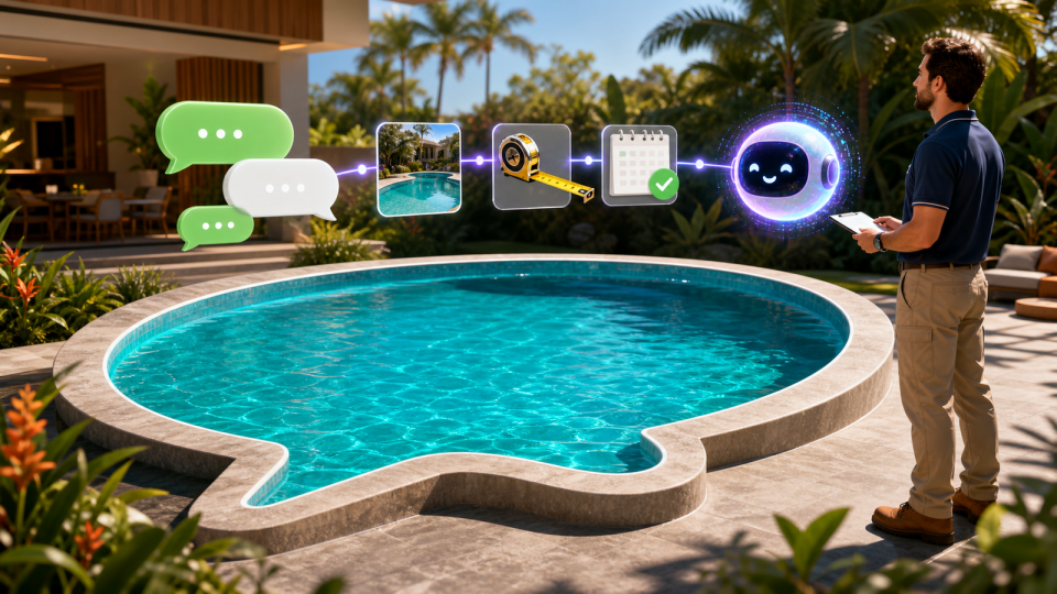 Piscina residencial em formato de conversa com fluxo visual de chat, fotos, medidas, IA e visita técnica para orçamento sob medida.
