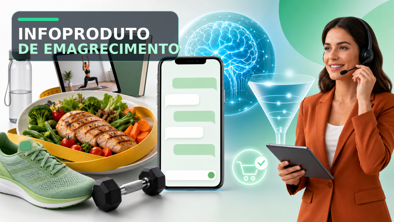 Infoproduto de emagrecimento com prato saudável, fita métrica, treino, chat com IA e atendimento humano.