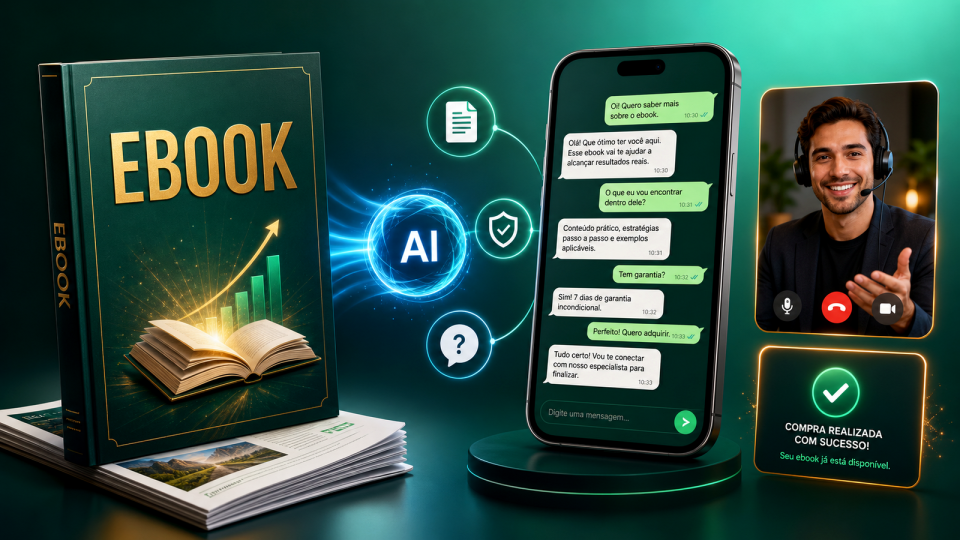 Capa premium mostrando ebook, chat com IA, closer humano e confirmação de compra do produto digital.